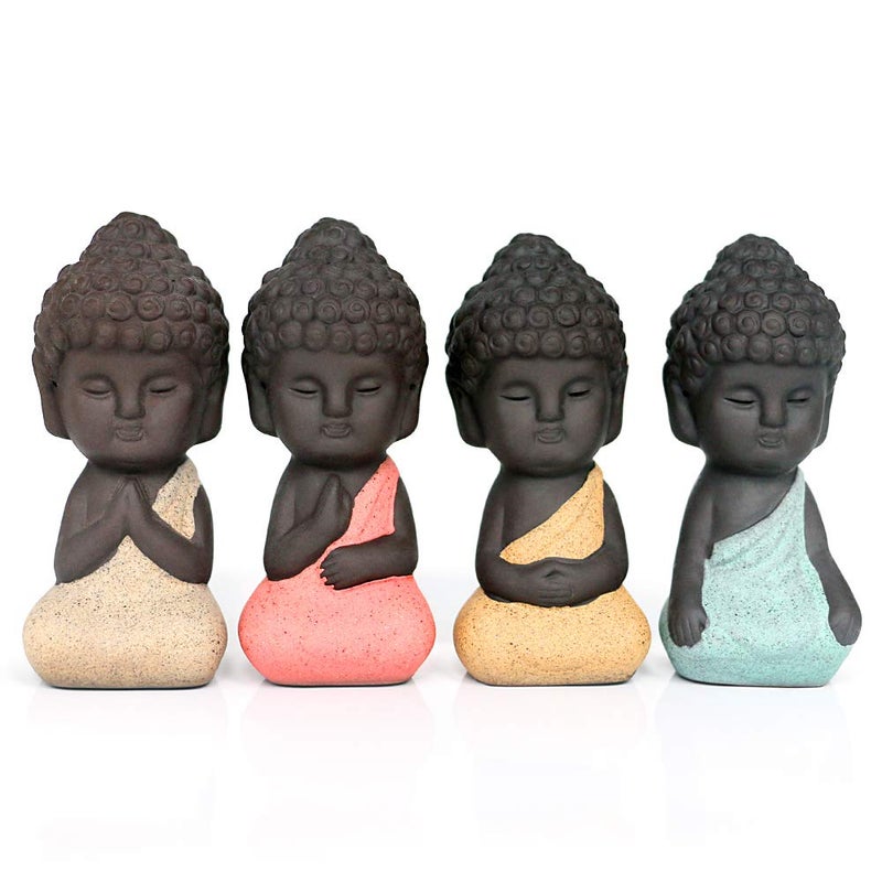 Kingzhuo Set of 4 Ceramic Little Cute Small Buddha Statue Monk Figurine Creative Baby Crafts Dolls Ornaments Gift Classic Delicate Ceramic Arts and Crafts Tea Accessories 4 Pcs (4 x 8.4 CM) - Image 3